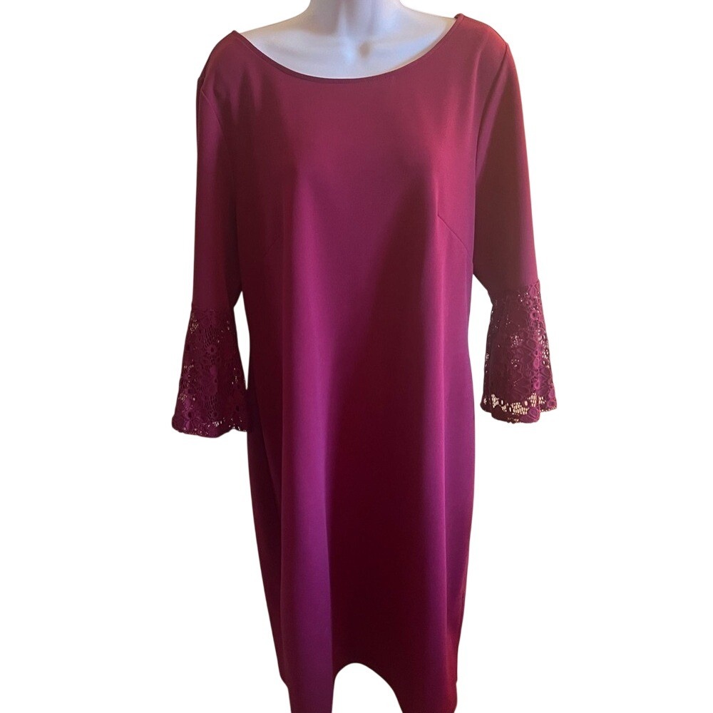 Sharagano Womens Berry Wine Lace Bell Sleeve Sheath Dress Size 16 Burgundy Scoop